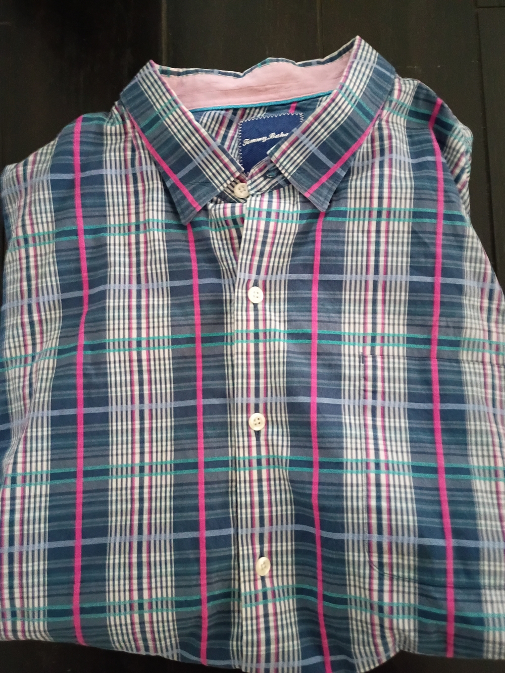 Tommy Bahama Navy Plaid Button-Down Shirt with Pink & Teal Stripes